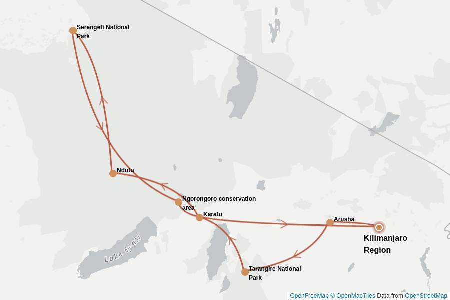 Itinerary Map image for Safari Tanzanie : l’essentiel en 10 jours